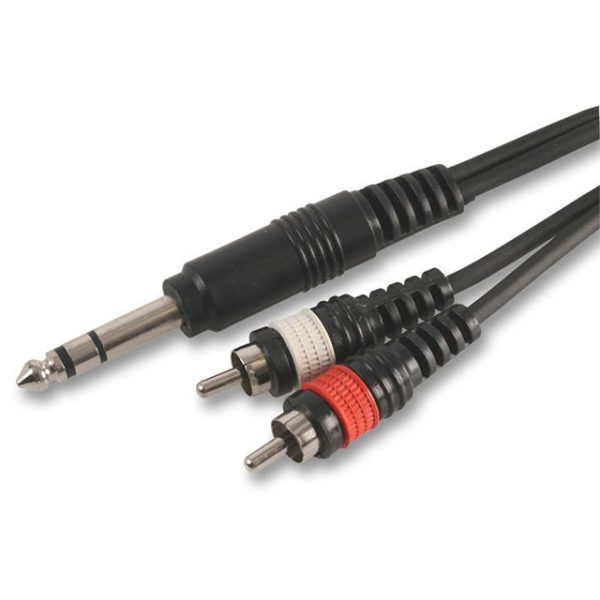 6.35mm (1/4 inch) Stereo Jack to 2x Phono (RCA) Plug to Plug Lead, 1.2m